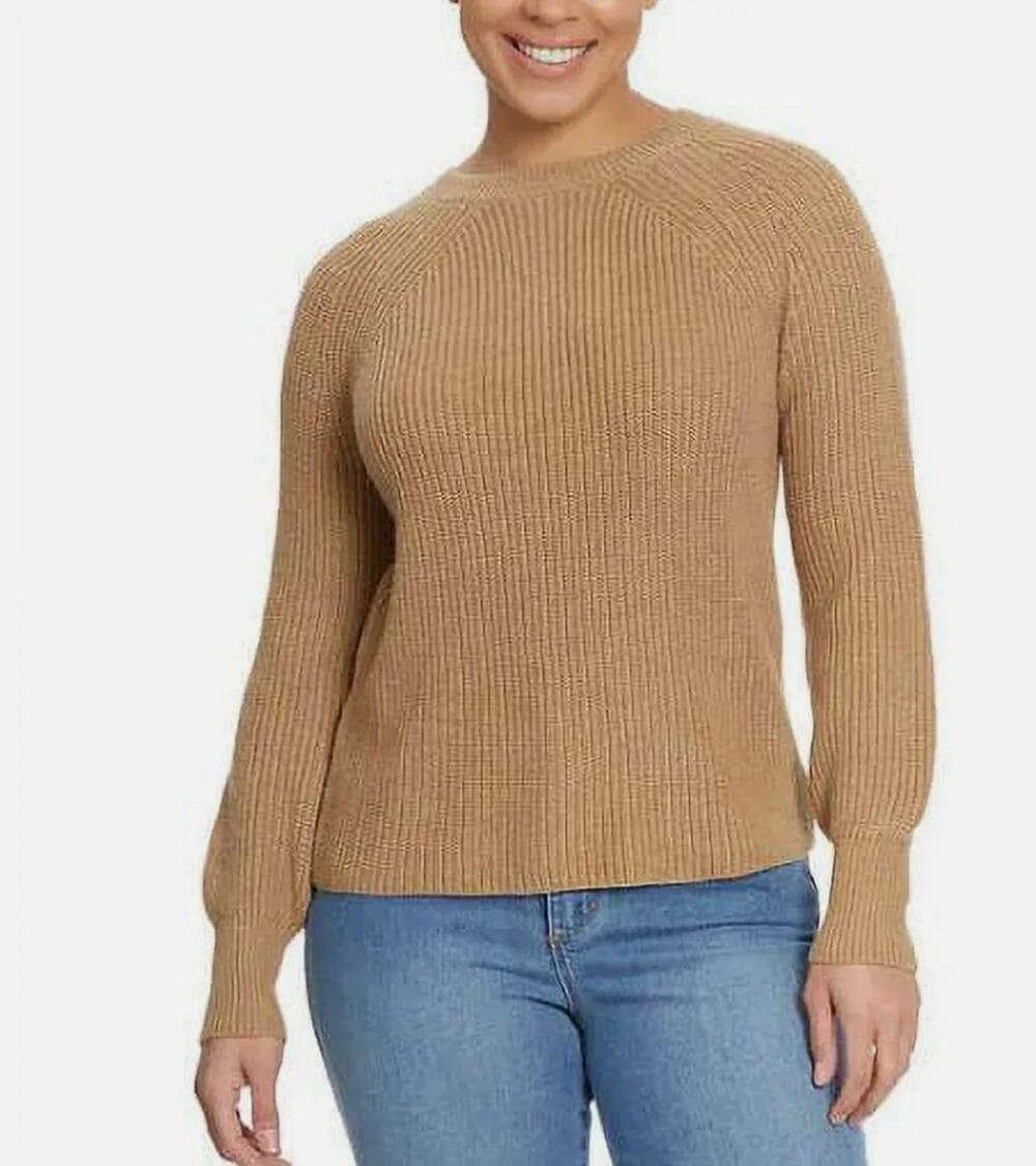 Jessica Simpson Tan Camel Ribbed Knit Crewneck Sweater Large